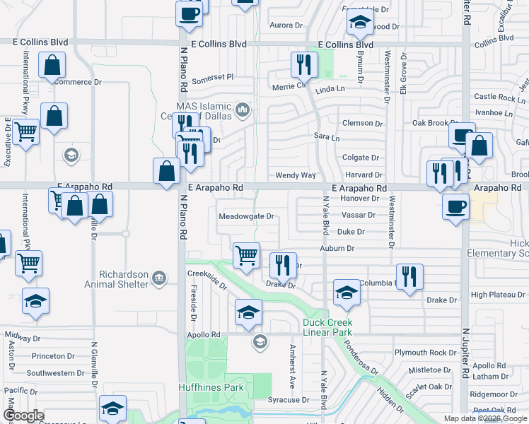 map of restaurants, bars, coffee shops, grocery stores, and more near 1707 Meadowgate Drive in Richardson