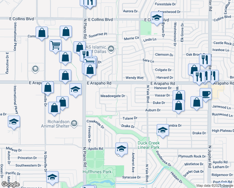 map of restaurants, bars, coffee shops, grocery stores, and more near 1605 Meadowgate Drive in Richardson