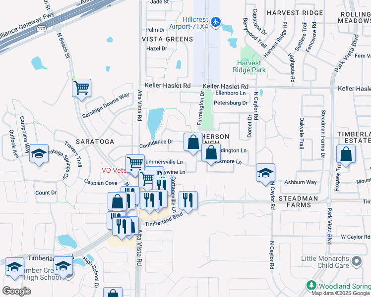 map of restaurants, bars, coffee shops, grocery stores, and more near 3904 Confidence Drive in Fort Worth