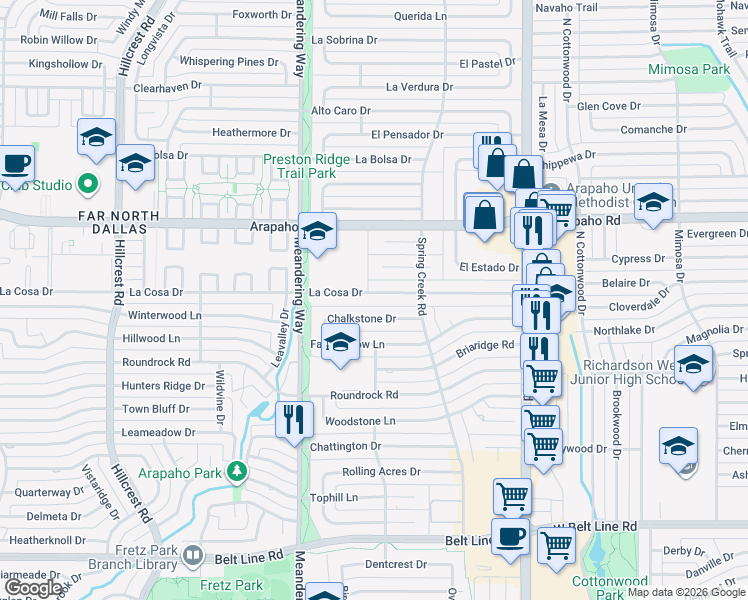 map of restaurants, bars, coffee shops, grocery stores, and more near 7704 La Cosa Drive in Dallas