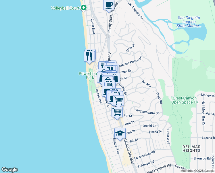 map of restaurants, bars, coffee shops, grocery stores, and more near in Del Mar