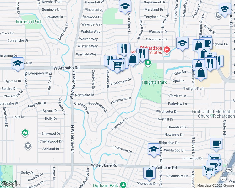 map of restaurants, bars, coffee shops, grocery stores, and more near 815 Northlake Drive in Richardson