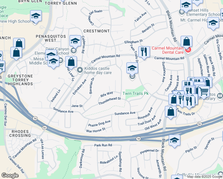 map of restaurants, bars, coffee shops, grocery stores, and more near 13243 Boomer Court in San Diego