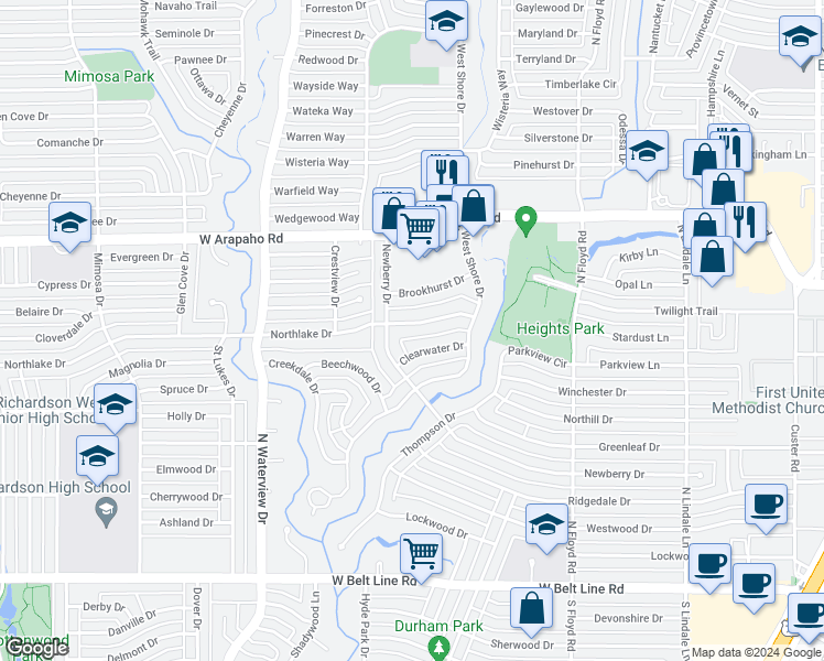 map of restaurants, bars, coffee shops, grocery stores, and more near 815 Northlake Drive in Richardson