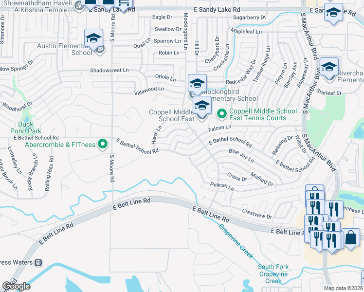 map of restaurants, bars, coffee shops, grocery stores, and more near 731 Falcon Lane in Coppell