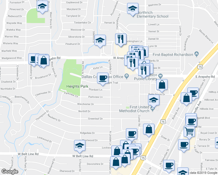 map of restaurants, bars, coffee shops, grocery stores, and more near 600 Stardust Lane in Richardson