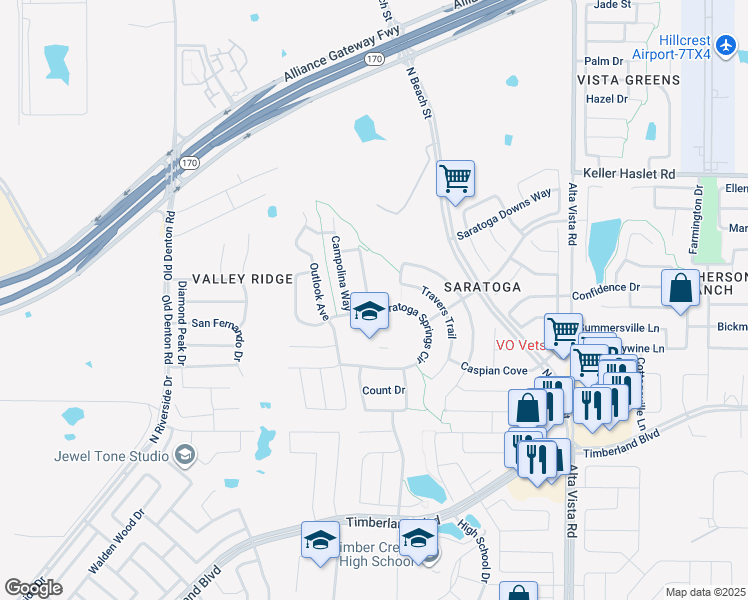 map of restaurants, bars, coffee shops, grocery stores, and more near 12704 Connemara Lane in Fort Worth