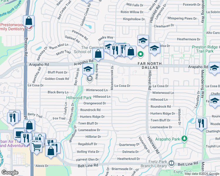 map of restaurants, bars, coffee shops, grocery stores, and more near 6763 Winterwood Ln in Dallas