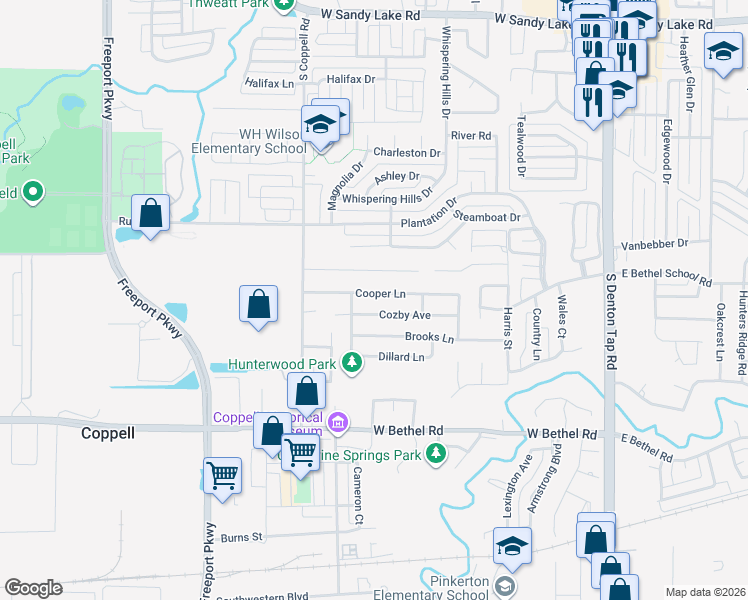 map of restaurants, bars, coffee shops, grocery stores, and more near 441 Cooper Lane in Coppell