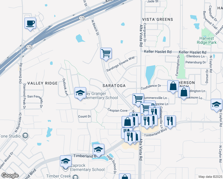 map of restaurants, bars, coffee shops, grocery stores, and more near 3410 Champions View Parkway in Fort Worth
