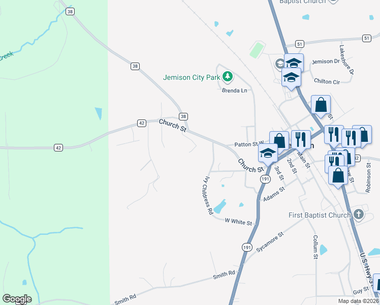 map of restaurants, bars, coffee shops, grocery stores, and more near 230 25th Street in Jemison