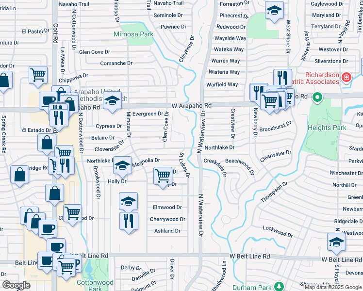 map of restaurants, bars, coffee shops, grocery stores, and more near 1200 Northlake Drive in Richardson
