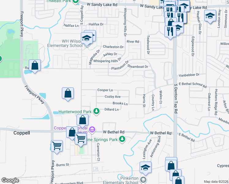 map of restaurants, bars, coffee shops, grocery stores, and more near 417 Cooper Lane in Coppell