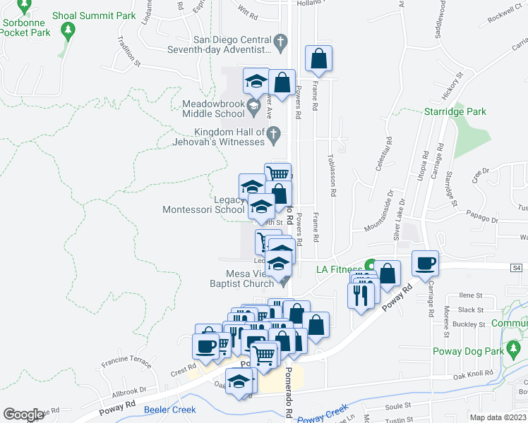 map of restaurants, bars, coffee shops, grocery stores, and more near 12330 9th Street in Poway