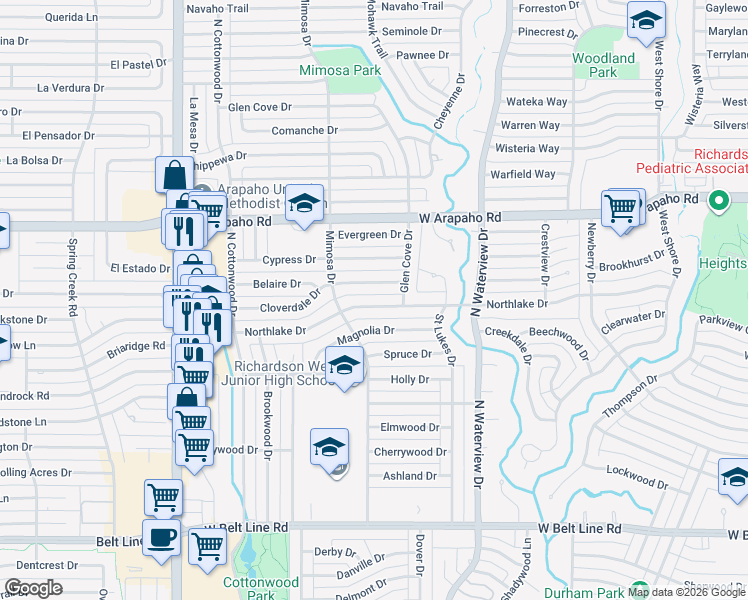 map of restaurants, bars, coffee shops, grocery stores, and more near 1224 Northlake Dr in Richardson