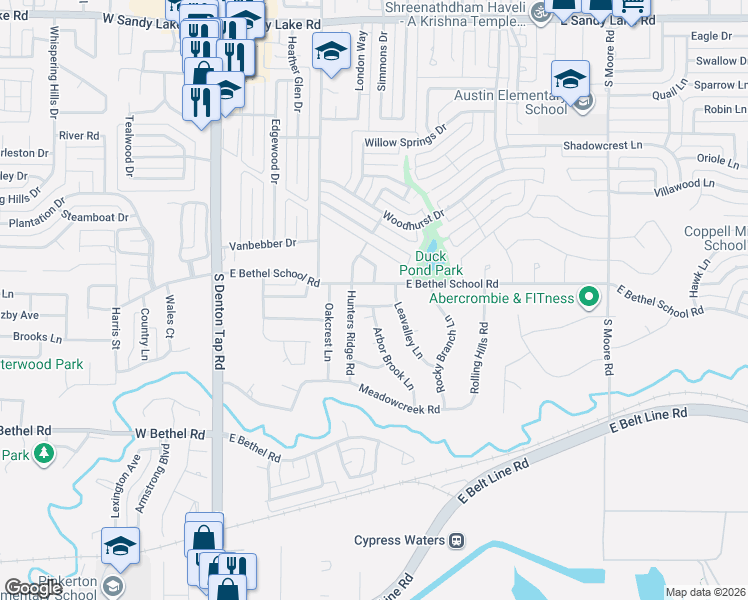 map of restaurants, bars, coffee shops, grocery stores, and more near 308 Briarcove Lane in Coppell