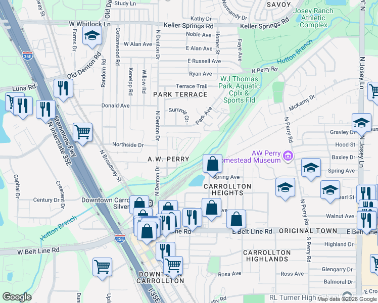map of restaurants, bars, coffee shops, grocery stores, and more near 1545 Kessler Drive in Carrollton