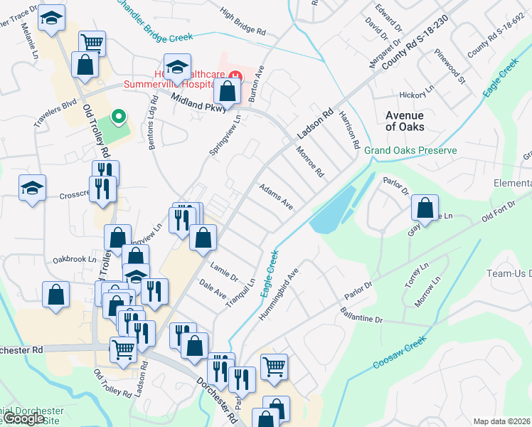 map of restaurants, bars, coffee shops, grocery stores, and more near 110 Washington Drive in Ladson
