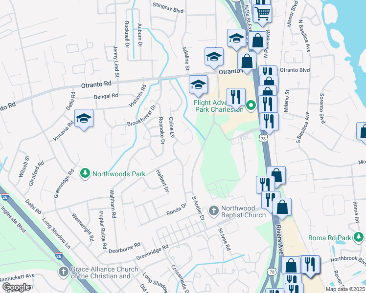 map of restaurants, bars, coffee shops, grocery stores, and more near 8573 Chloe Lane in North Charleston