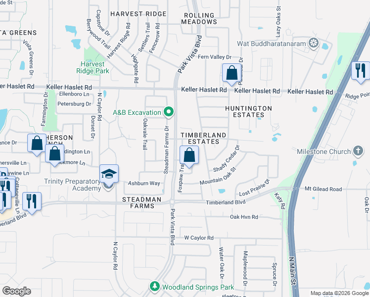 map of restaurants, bars, coffee shops, grocery stores, and more near 12721 Mourning Dove Lane in Fort Worth