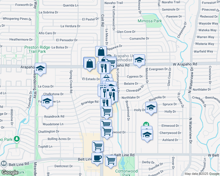 map of restaurants, bars, coffee shops, grocery stores, and more near 670 North Coit Road in Richardson