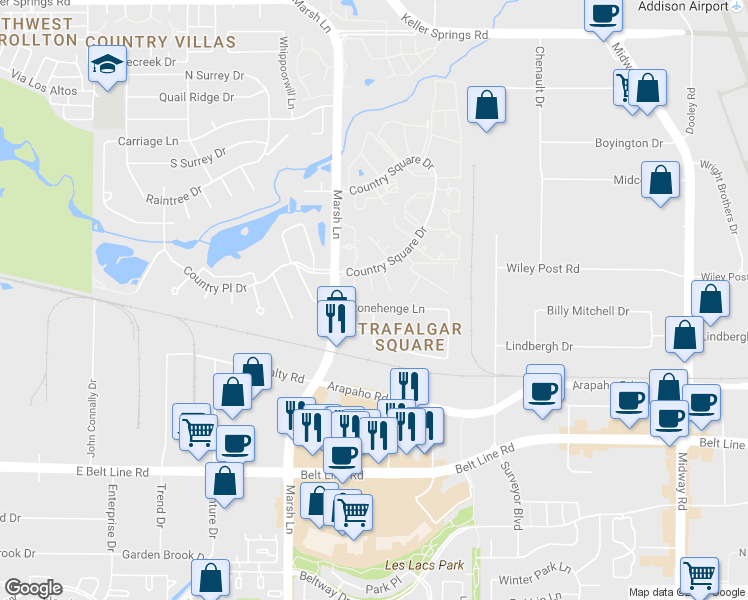 map of restaurants, bars, coffee shops, grocery stores, and more near 3103 Stonehenge Lane in Carrollton