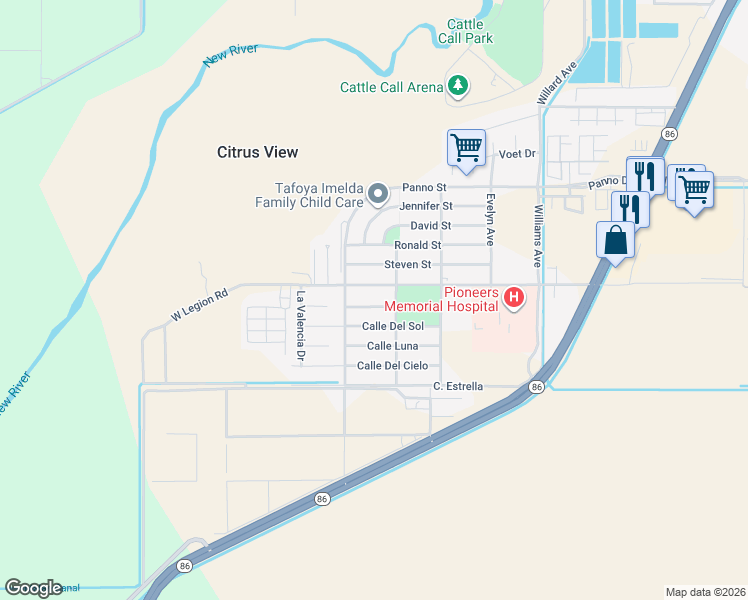 map of restaurants, bars, coffee shops, grocery stores, and more near 1033 Calle De Vida in Brawley