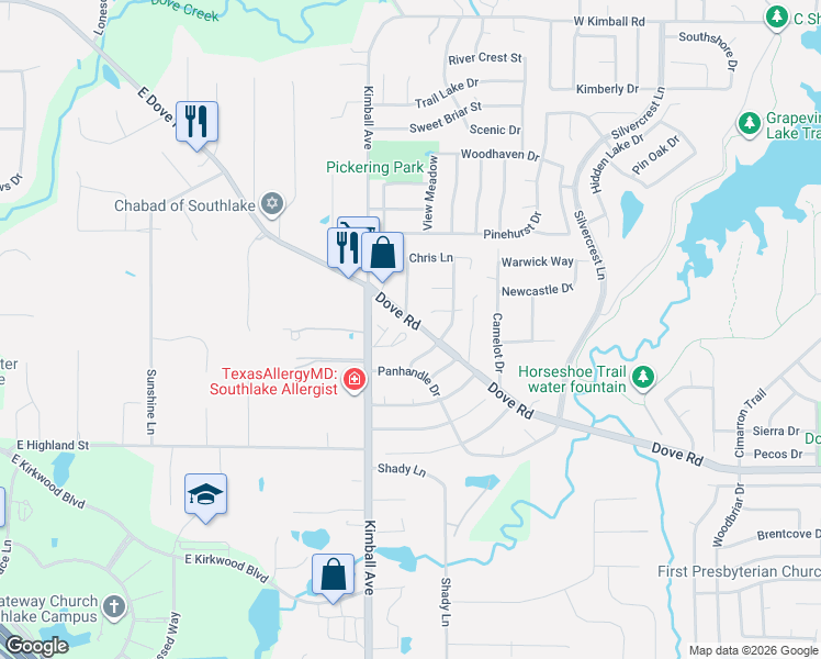map of restaurants, bars, coffee shops, grocery stores, and more near 3033 Alice Court in Grapevine