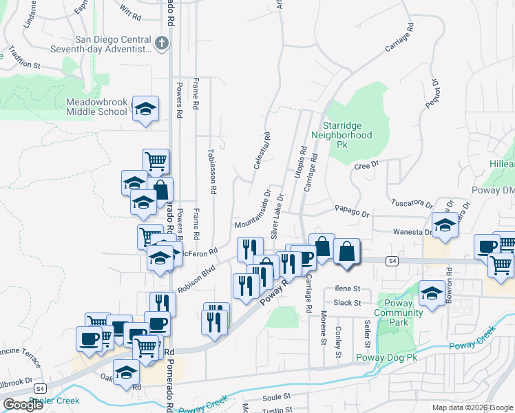 map of restaurants, bars, coffee shops, grocery stores, and more near 13526 Mountainside Drive in Poway
