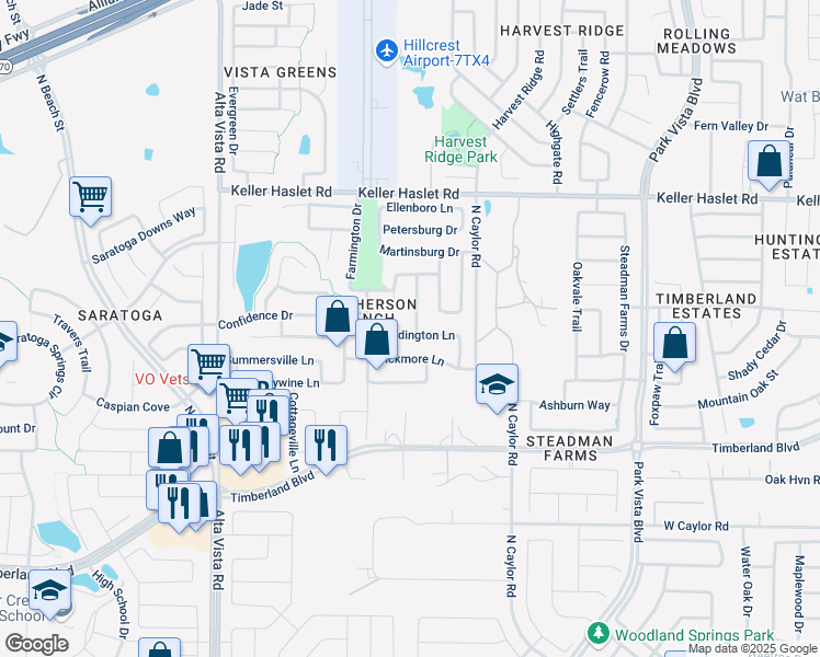 map of restaurants, bars, coffee shops, grocery stores, and more near 4029 Bedington Lane in Fort Worth