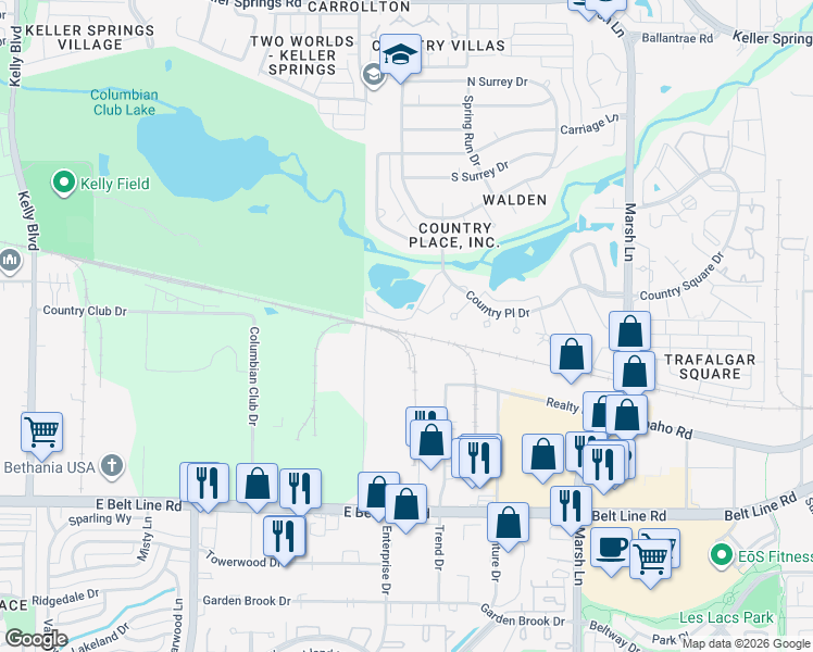 map of restaurants, bars, coffee shops, grocery stores, and more near 2610 Lakehill Lane in Carrollton