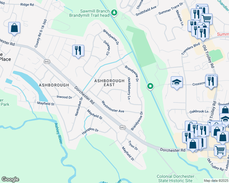 map of restaurants, bars, coffee shops, grocery stores, and more near 111 Buckingham Avenue in Summerville