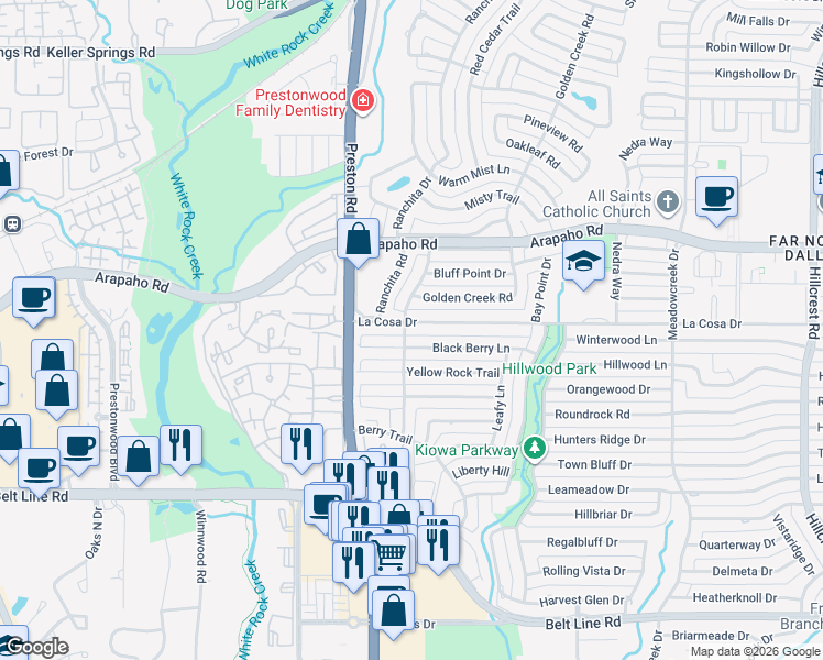 map of restaurants, bars, coffee shops, grocery stores, and more near 6030 La Cosa Drive in Dallas
