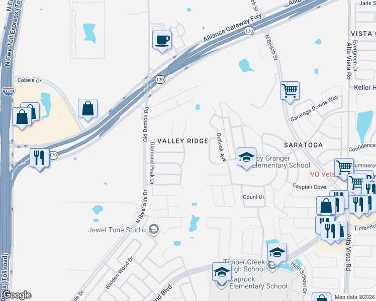 map of restaurants, bars, coffee shops, grocery stores, and more near 12736 Breckenridge Court in Fort Worth