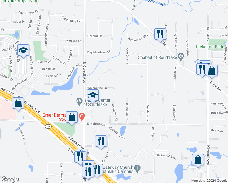 map of restaurants, bars, coffee shops, grocery stores, and more near 1217 Whispering Lane in Southlake