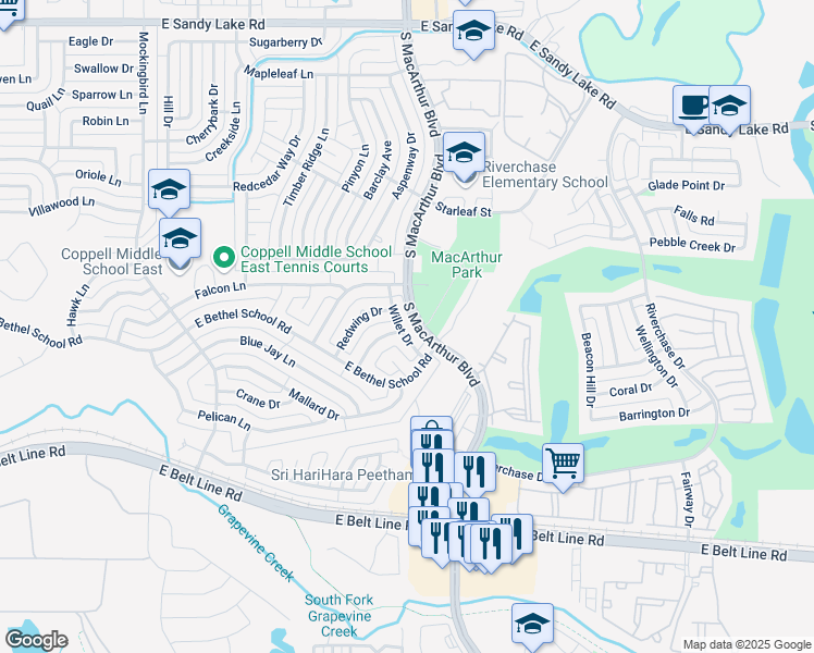map of restaurants, bars, coffee shops, grocery stores, and more near 406 Willet Drive in Coppell