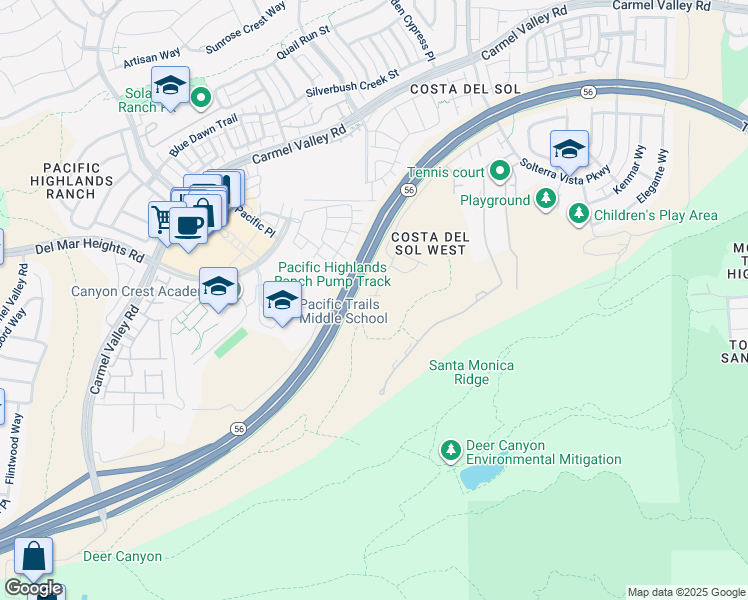 map of restaurants, bars, coffee shops, grocery stores, and more near 6283 Plum Way in San Diego