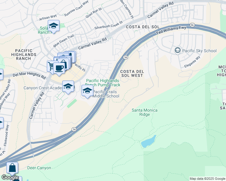 map of restaurants, bars, coffee shops, grocery stores, and more near 6283 Plum Way in San Diego