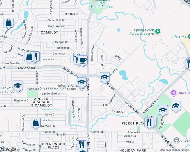 map of restaurants, bars, coffee shops, grocery stores, and more near 2420 Arapaho Road in Garland