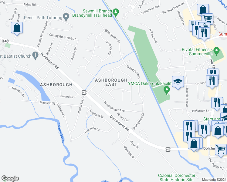 map of restaurants, bars, coffee shops, grocery stores, and more near 111 Buckingham Avenue in Summerville