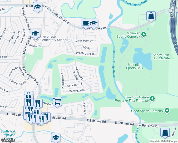 map of restaurants, bars, coffee shops, grocery stores, and more near 1426 Biltmore Ct in Coppell