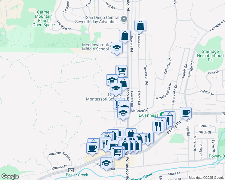 map of restaurants, bars, coffee shops, grocery stores, and more near 12310 9th Street in Poway