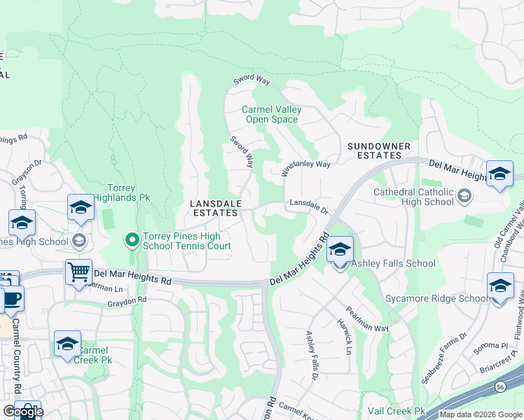 map of restaurants, bars, coffee shops, grocery stores, and more near 13280 Evening Sky Court in San Diego