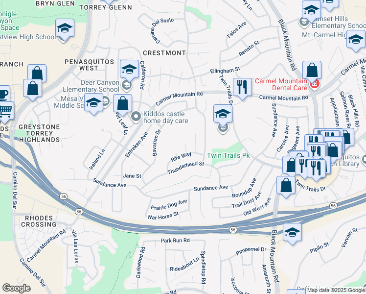 map of restaurants, bars, coffee shops, grocery stores, and more near 13262 Boomer Court in San Diego