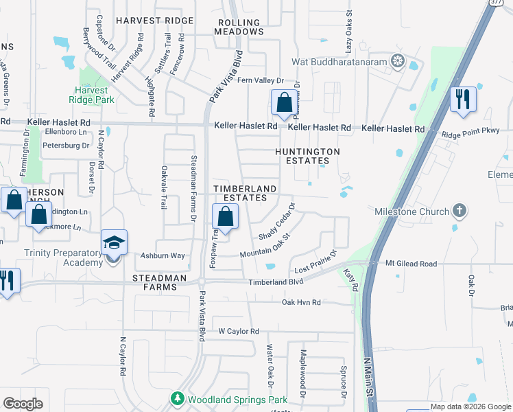 map of restaurants, bars, coffee shops, grocery stores, and more near 12709 Pangolin Court in Fort Worth