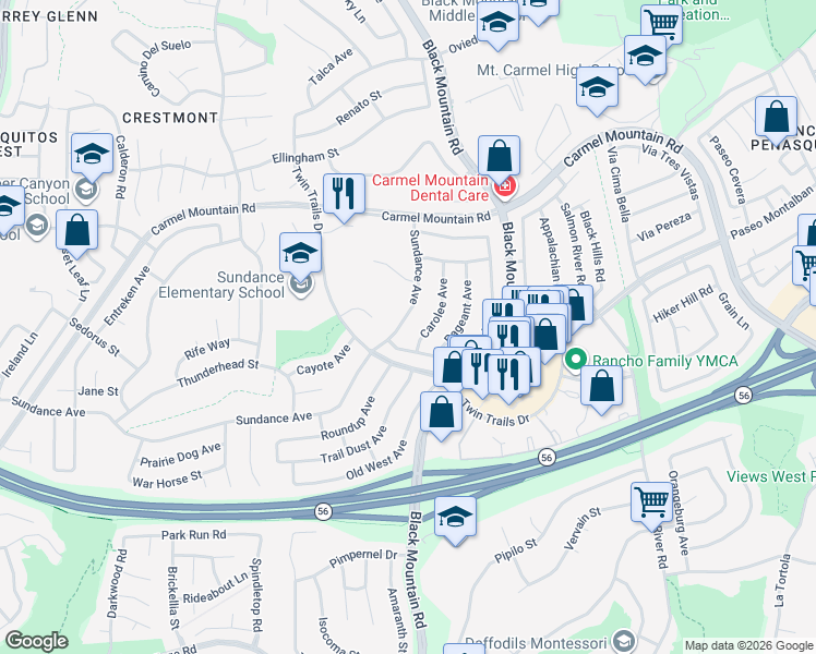 map of restaurants, bars, coffee shops, grocery stores, and more near 13181 Sundance Avenue in San Diego