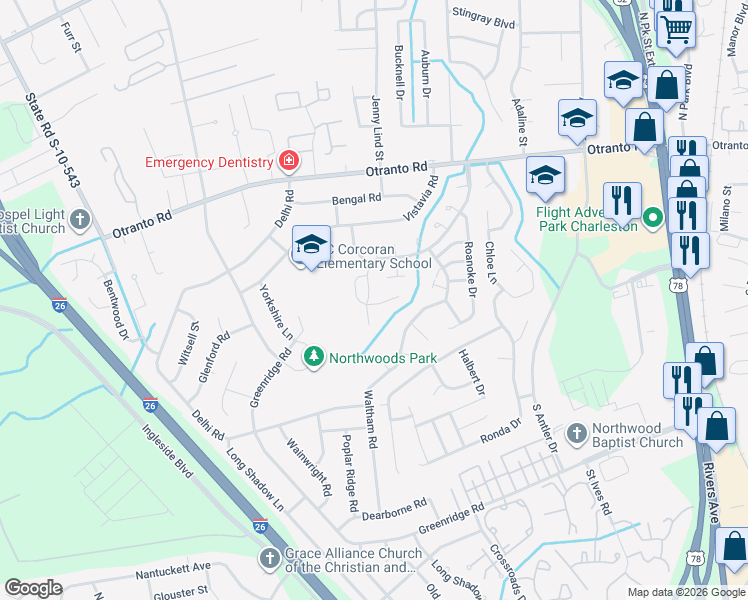map of restaurants, bars, coffee shops, grocery stores, and more near 8544 Brookforest Drive in North Charleston