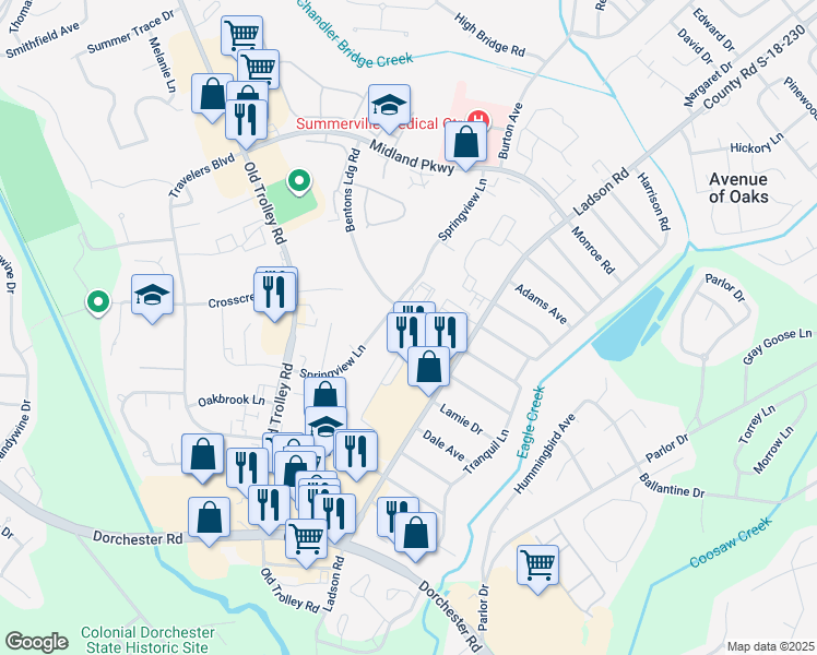 map of restaurants, bars, coffee shops, grocery stores, and more near 111 Springview Lane in Summerville
