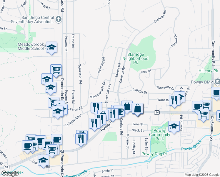 map of restaurants, bars, coffee shops, grocery stores, and more near 13411 Silver Lake Drive in Poway