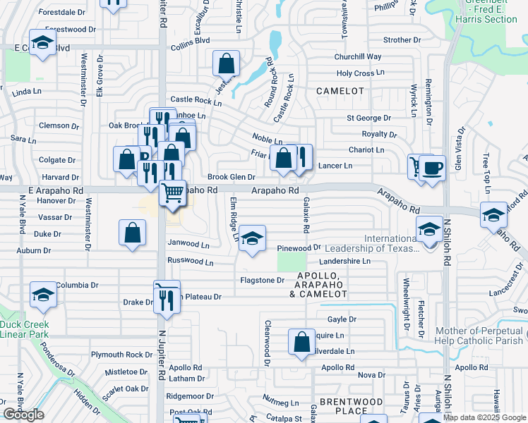 map of restaurants, bars, coffee shops, grocery stores, and more near 3105 Ripplewood Dr in Garland
